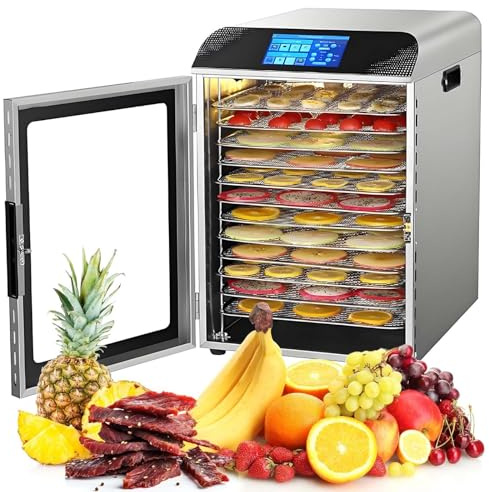 QFGain Essiccatore per Alimenti di Grandi Dimensioni, Pannello di Controllo LCD, Essiccatore in Acciaio Inox A 12 Vassoi, con Timer Digitale E Controllo della Temperatura, per Carne di Manzo, Frutta
