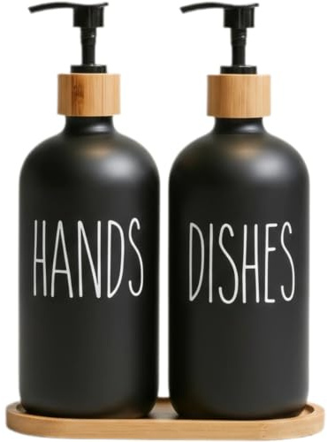 Küchen Seifenspender Set Glasflasche, Spülmittelspender für Küche mit Bambustablett, Seifenspender geeignet für Küche, Badezimmer und Waschküche (Weiß und Schwarz)
