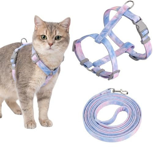 MOTIBACK Katzengeschirr mit Leine, Ausbruchsicher Verstellbares Katzen Brustgeschirr & Katzenleine Set in Verlauf Lila-Rosa, Weiches Cat Harness für Kitten und Katzen (Violett-pink Farbverlauf, M)