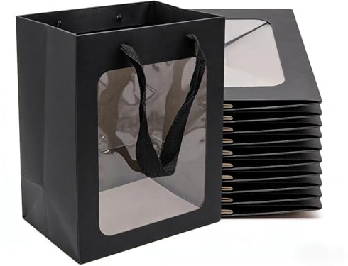 Serenelight Geschenktasche mit Sichtfenster - 12 Stück Papiertüten schwarz - 250GSM Papiertüten mit Henkel - 25x18x13cm Geschenktüten mit Fenster - Verpackungstüten Geburtstag Hochzeit