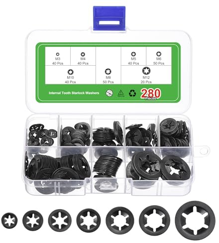 QUARKZMAN 280Pcs Kit Assortimento Rondelle A Dente Interno, 65Mn Rondelle A Dente Per Bloccaggio Rapido Della Vite, 7 Misure, Nero