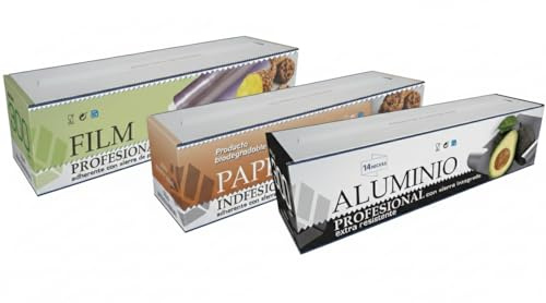 Pack Ahorro 3 en 1-1 Rollo Aluminio Extra Fuerte + 1 Film Transparente PVC + 1 Papel Horno Industrial - Kit Esencial para Hostelería, Restaurantes y Cocina Profesional