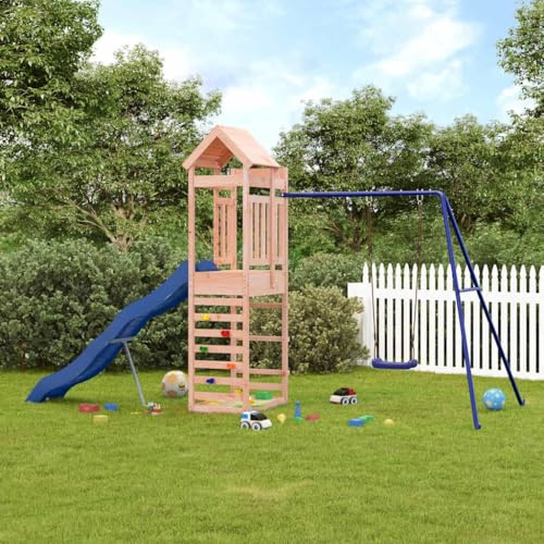 Kaloriko Torre de juegos de madera maciza Douglas con columpio, tobogán ondulado y caja de arena, casa de juegos al aire libre para niños de 3 a 8 años, estructura de madera resistente a la intemperie