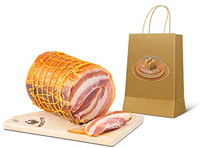 Moretti® | Angespannter und gerollter Speck | Vakuumverpackte Scheibe ca. 800g / 900g | Artisan gewürzt getrocknet | Vom reinen Schwein | Leicht geräuchert | In Geschenk Holzschneidebrett