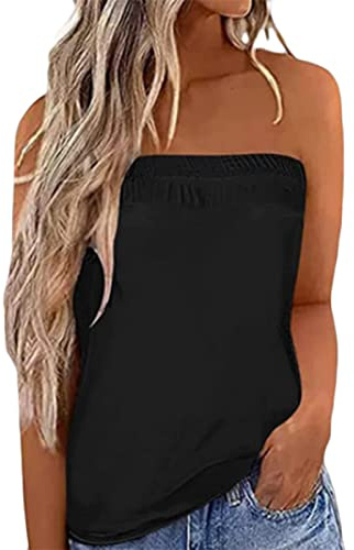 Felcia Damen Tube Tops Ärmellos Trägerlos Rückenfrei Plissee Bandeau Tank Top Sommer Tunika Camis Shirt für Strand Urlaub, A-schwarz, XL