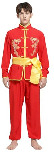 WaiYeeHei Men's Dragon Embroidery Chinese Kung Fu Suit Martial Arts Wing Chun Uniform Shirt Pants Set Tang Costume Red, 190