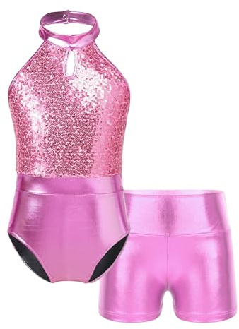 IEFIEL Traje de Gimnasia Rítmica para Niña con Lentejuelas Brillante Maillot de Ballet y Leggings Cortos Mono de Gimnasia Disfraz Bailarina Niña 5-14 Años Rosa 7-8 años