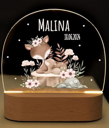 Bärenfreunde® - Personalisiertes Nachtlicht für Babys - Individuelle Nachttischlampe für Kinder - Personalisierte Geschenke Kinder - Babygeschenk - Geschenk zur Geburt (Rehe Blumen)