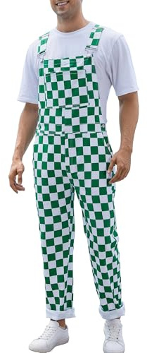 Odefou Green Checkered Pants Mens Overalls Bib Coveralls Cute Stretch Jeans Jumpsuit(Green,2xl)