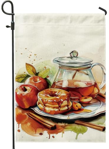 Bandera de jardín de donas de manzanas otoñales, sidra de otoño, canela, decoración del hogar, banderas de jardín, decoración de césped al aire libre de doble cara, 12 x 18 pulgadas