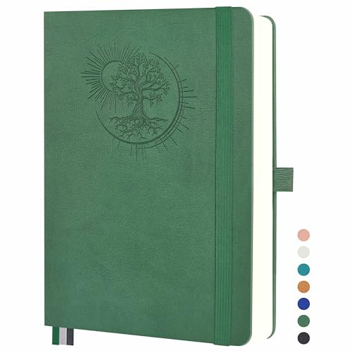 Mlife A4-anteckningsbok med Tree of Life Design – 360 sidor, 100 g papper, PU-omslag, resårband, pennhållare, 3 bokmärken – Perfekt för arbete, studier och present (Mörkgrön)