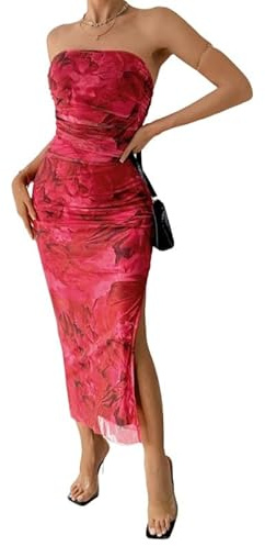 Sukiglam Mujer Vestido Largo Ajustado Sexy Tie Dye Vestidos de Tubo Elegante sin Mangas Maxi Vestido sin Tirantes de Fiesta Verano Fruncido Vestidos con Abertura para Cóctel Boda Invitada Noche Club