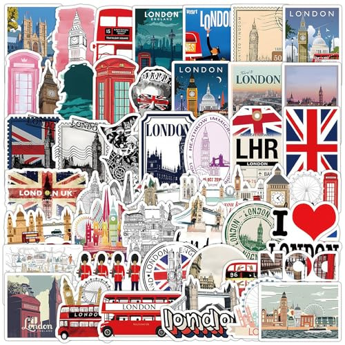 50PCS Travel Stickers for Kids,Adults,Waterproof Vinyl Travel London Stickers for Scrapbooking,Water Bottle Laptops Aesthetic Scrapbook Luggage Sticker School Rewards Party Favors