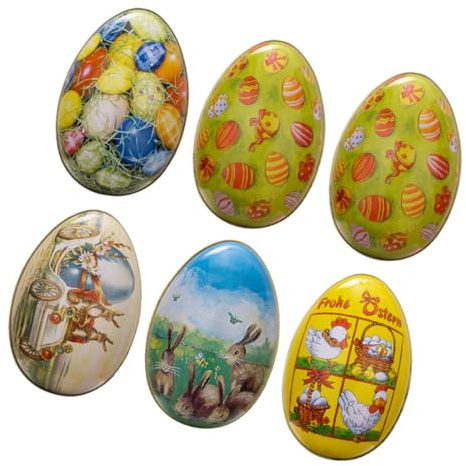 TOYZFRIENDY 6pcs Easter Egg Candy Storage Box Set, Tinplate Candy Container with Biscuit and Cookie Holder, Colorful Easter Sweets Packaging for Holiday and Party Use