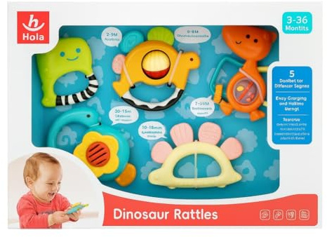 Hola - Pack Sonajeros Mordedores Bebe - 5 Unidades - Juguete Sensorial con Actividades y Texturas bebe - Juego estimulación temprana - Diseño Dinosaurio - Regalo para bebes a partir de 3 meses