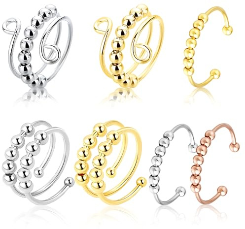 KEORHEZ 7 Pezzi Anello Antistress, Fidget Ring, Anxiety Ring Realizzati In Acciaio Inossidabile, 7 Versioni, Per Alleviare Lo Stress E Rilassarsi (Oro, Argento, Oro Rosa)