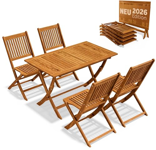 Casaria® Set di Mobili da Giardino 5 Pezzi Modello 2026 - NOVITÀ: Tavolo Extra Stabile con Rinforzo in Legno di Acacia FSC®, 4 Sedie Pieghevoli per Giardino Balcone Esterno