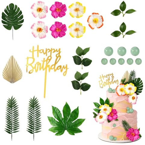 CutitiUU 25Pcs Hawaiian Cake Decorations,Flower Cake Topper Hawaiian,Beach Cake Decorations,Tropical Flower & Palm Leaf Party Decoration Set,for Swimming Party Luau Birthday Baby Shower (Flowers)