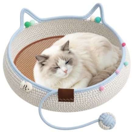 Kattkorg med bädd Interaktivt Klösbart Sällskapsdjursnäste Med Repboll | Rund kattbo Lämplig För Inomhusbruk, , Sovrum, Soffa, Vid Fönster, Utomhusbruk, Uteplats, Trädgård, Kattungar Och