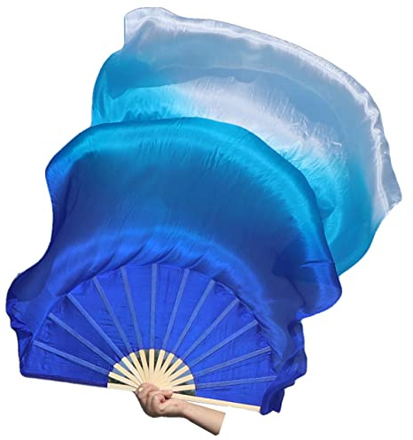 Winged Sirenny Paar Handgemalter Vielseitig Seidenfächer-Schleier mit Poi-Schnüren, Leichte 150cm Fächer-Pois für Bauchtanz, Tribal Dance, Bühnenshows & Spirituelle Tanz (blau-türkis-weiß)