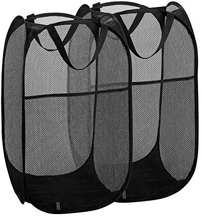 Buenod 2 Packs Mesh Pop up Laundry Hamper (Black) with Portable Handles, Collapsible for Storage, Foldable Pop-Up Laundry Bags for Home, College Dorm or Travel