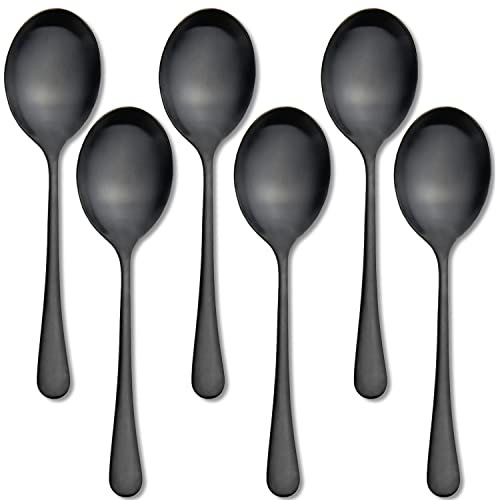 AOOSY Serving Spoons,6 PCS 10 Inches Stainless Steel Salad Serving Spoons for Parties Dinner Extra Large Tablespoons Buffet Banquet Flatware Kitchen Serving Utensil Silver Soup Spoons(Black)