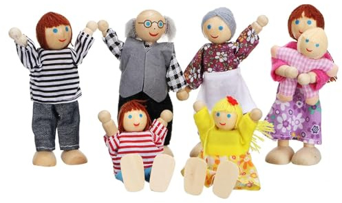 Lifreer Family Set Dolls House People, 7 Wooden Family Doll, Dolls House Accessories, Miniature