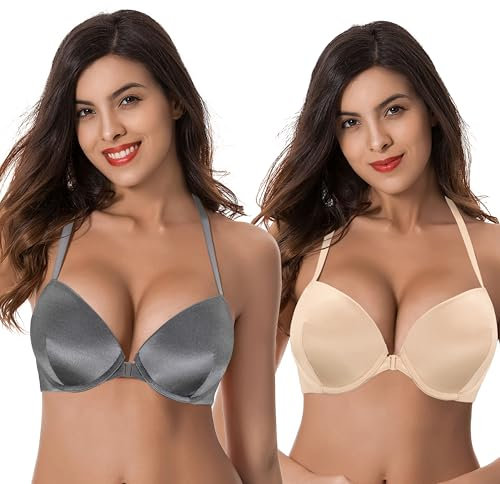 Curve Muse Women Push Up Add 1 and a Half Cup Underwire Halter Front Close Bras -2PK-Grey,Nude-38D (EU:85D)