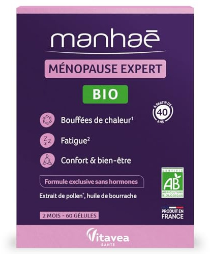 Manhaé Menopause Expert Organic Dietary Supplement for Menopause without Hormones - Hot Flashes, Fatigue, Wellbeing - Organic Pollen, Borage Oil - 60 Capsules - 2 Months - Made in