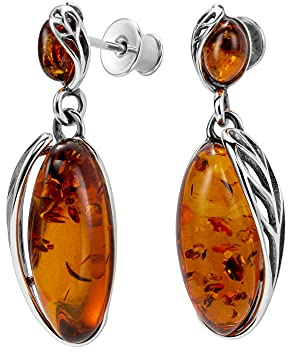 Copal Pendientes De Mujer De Ámbar Y Plata De Ley Con Diseño Ovalado