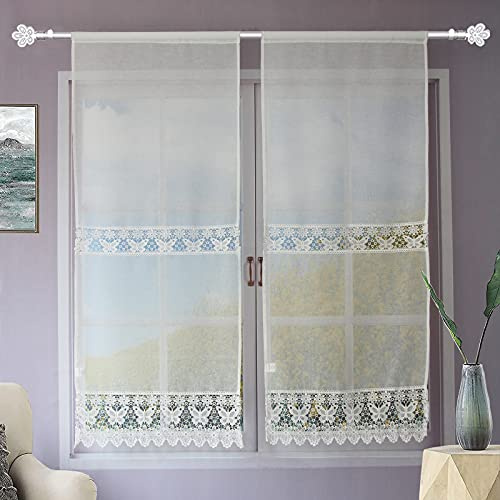 Coppia Tendine Finestra Con Pizzo Ricamato Fiore Tenda Cucina Moderna Lino-Poliestere Shabby Chic Tinta Unita 2 Unità Bianco (Farfalla Bianca, 60x150cm)