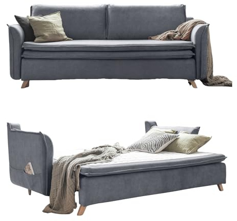 MIUFORM Charming Charlie Slim mit Bettkasten | 3 Sitzer Sofa | 225 x 90 x 85cm Couch | Klappsofa mit Schlaffunktion (Grau)