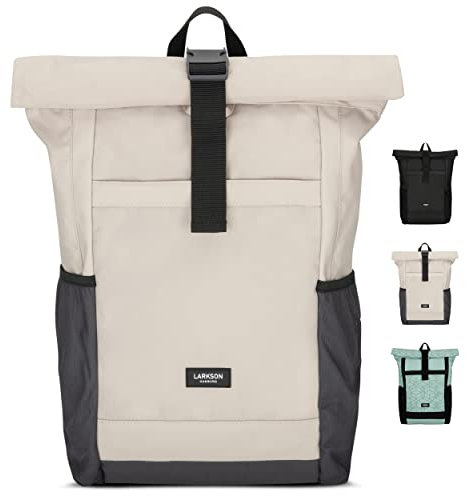 LARKSON Rolltop Rucksack Damen Groß Beige Grau - No 2 - Daypack für Schule, Uni, Fahrrad - 16 Zoll Laptop Fach für Arbeit - Nachhaltig - Anti-Diebstahl - Wasserabweisend