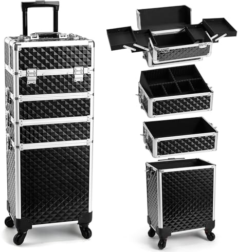 Yueieoun Professional Rolling Makeup Case with Wheels Makeup Trolley Cosmetic Train Case Cosmelotogy Makeup Cart, Black Pro, Artist 4 in 1