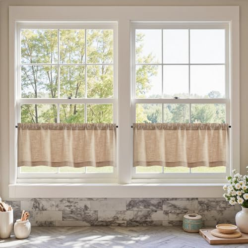 TOPICK Scheibengardinen 2er Set Bistrogardine Leinenoptik H40xB130 Braun | Scheibengardinen Halbtransparent Kurzgardine Landhausstil Vorhänge mit Stangedurchzug Leinenoptik Küchengardinen Wohnzimmer