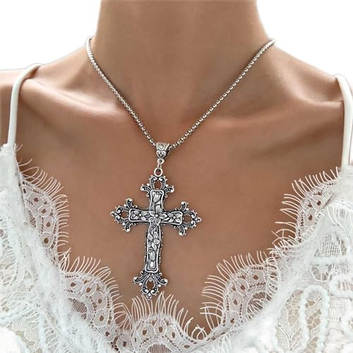 Wendalern Gothic Silver Cross Necklace Large Engraved Flower Cross Necklace Vintage Religious Cross Pendant Necklace Italian Box Link Chain Necklace Jewelry for Women Men