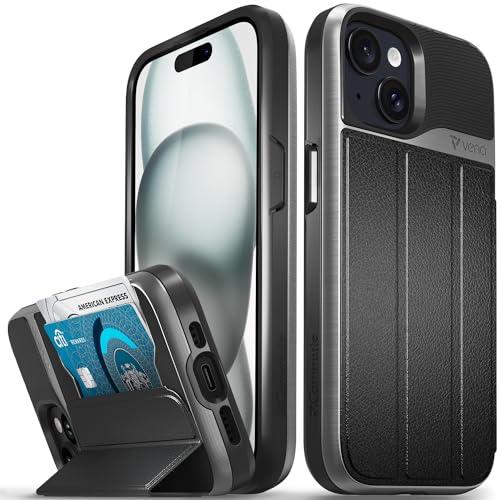 VENA vCommute Brieftaschen-Schutzhülle, kompatibel mit Apple iPhone 15 (6,1 Zoll), Fallschutz in Militärqualität, Lederhülle, Kartenschlitz, Halter mit Ständer, Space Gray/Schwarz