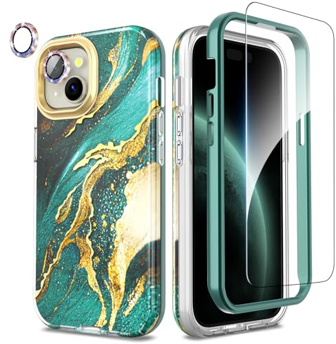 SHEDEER for iPhone 15 Case with Glitter Camera Protector + Screen Protector, Chic Anti-Yellowing Pattern, Shockproof Drop Protection Anti-Scratch Phone Cover iPhone 15 6.1'', Dreamy Green