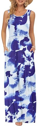 AUSELILY Summer Dresses for Women Casual Sleeveless Ladies Maxi Dress Long with Pockets Flowers Blue White XL
