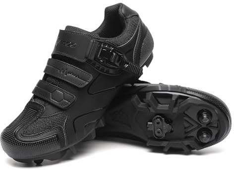 KESCOO Mens Mountain Bike Shoes with 2-Bolts SPD Cleats Included, Cycling Shoes with Quick Ratchet Buckle Indoor Outdoor Riding Biking Black 45