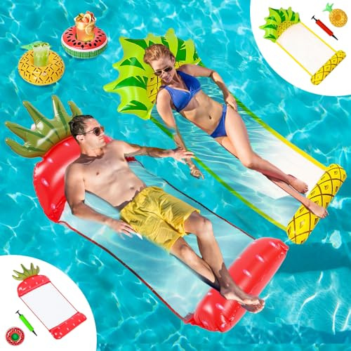 Udbrud Aufblasbare Wasserhängematte, 2Stk Erwachsene Zusammenklappbar Aufblasbares Schwimmbett mit 2 Stück Becherhalter Schwebende Luftmatratze Pool-Hängematte, Lounges für Sommer Partys, Outdoor