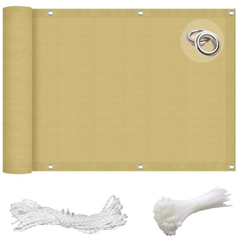GAIFNAG Balkon Sichtschutz Balkonabdeckung 120 x 450 cm Balkonverkleidung Sichtschutz, Balkonbespannung Balkonsichtschutz mit Ösen, Nylon Kabelbinder Und Kordel für Balkon Terrasse Garten, Sandgelb