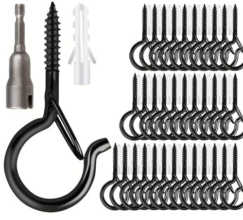 WHENZOO 35PCS Black Q Hanger Screw Hooks, 2.2inch with Safety Buckle, Windproof Outdoor Light Wire Ceiling Eye Hooks for Hanging Plants, Fairy Lights, Bird Feeder