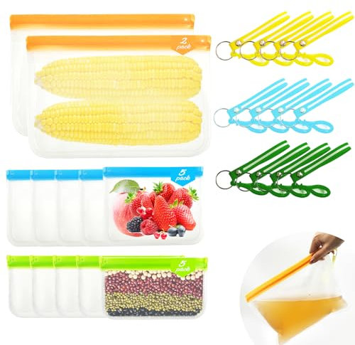 Daily Treasures 12 Stück Gefrierbeutel Zipper mit 12 Stück Silikon-Schlüsselanhänger,(M&L&XL) Gefrierbeutel Wiederverwendbar,Aufbewahrungsbeutel Silikonbeutel Sandwich Snack