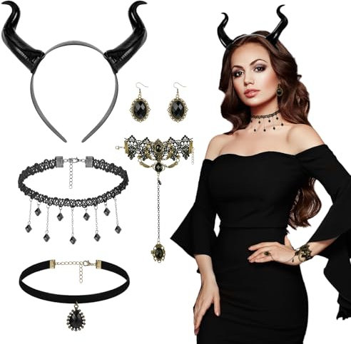 5 Stücke Halloween Hörner Kopfschmuck Maleficent Kostüm Damen Schwarze Teufelshörner Königin Hörner Haarreif Gothic Halskette Spitze Ring Armband Kristall Ohrringe Teufel Kostüm für Karneval Cosplay