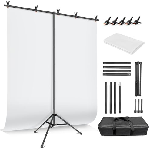 JEBUTU White Backdrop with Stand Kit 5ft x 6.8ft (1.5m x 2.1m) | Adjustable, with 5 Clamps & Carrying Bag | White Backdrop Kit for Photography Photo Studio Video Recording Portrait