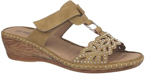 Cushion Walk Ladies Diamante Laser Cut T-Bar Mule Wedge Sandals