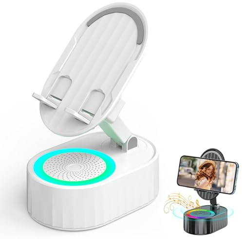 Wireless Induction Audio Bluetooth Speaker 5 in 1 Phone Holder, Kabelloser Induktions Bluetooth Lautsprecher mit Handyhalterung, 300° Drehbar & Faltbarer Tablet Ständer für Zuhause Büro (Weiß)