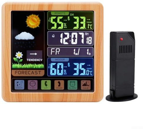 HpLive Station météo numérique avec écran tactile, température intérieure et extérieure, humidité, affichage des prévisions météorologiques, aspect bois