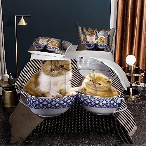 Bettdecke 140X200 Braune Katze Drucken Steppdecke 200Gsm,Dünne Und Leichte Bettdecken,4 Jahreszeiten Bettdecken 140X200,Weiche Mikrofaser Bettdecke Mit 2 Kissenbezüge,Warm Steppbettdecke